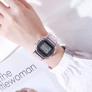 Close-up of transparent digital watch showing LED rectangular screen on model wrist