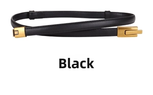 Close-up of slim black leather belt with a polished gold rectangular metal pin buckle