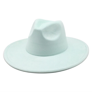 Detail of mint green fedora hat featuring a wide brim and premium suede texture