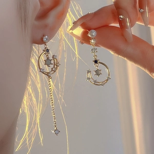 Asymmetric gold star and moon tassel earrings with 925 silver needles and cubic zirconia