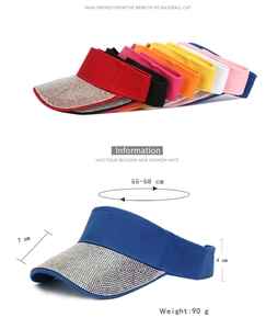 Detailed size specifications for a rhinestone sun visor hat with dimension annotations