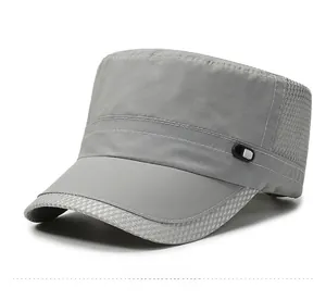 Detail of grey flat top cadet cap with breathable mesh fabric and twill texture