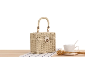 Detail of beige woven box bag showing gold hardware and elegant turn-lock closure
