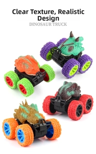 Detail of four colorful dinosaur friction trucks with textured anti-slip tires