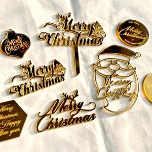 Merry Christmas Cake Topper Gold Mirror Acrylic Reindeer Santa Claus Design Holiday Party Dessert Decoration Novelty