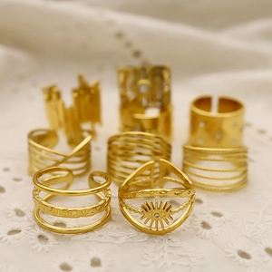 French palace style 18K gold plated irregular open ring set with hollow geometric designs
