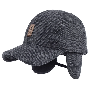 Berretto da baseball in tweed grigio con paraorecchie e toppa in pelle per l'inverno