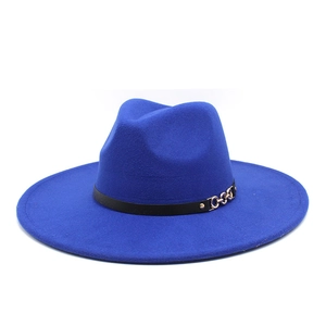 Detail of wool fedora with 9.5cm wide brim featuring black leather band and gold chain buckle
