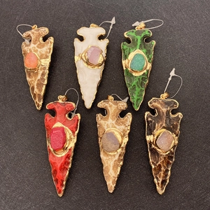 Arrowhead Pendant Natural Stone Crystal Gold Plated Edging Inlaid Gemstone Vintage Ethnic Style DIY Jewelry Making Findings