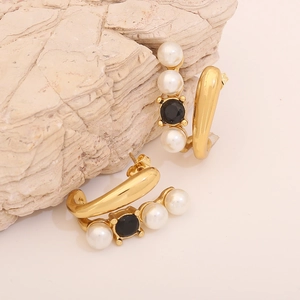 Boucles d'oreilles baroques en acier inoxydable avec perles et pierre noire sur pierre