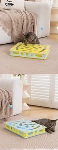 Détail de la boîte de puzzle pour chat avec trous creux et accessoire de balle à ressort bleue