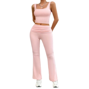 Pink two-piece casual set featuring a square neck crop top and high-waisted flare pants