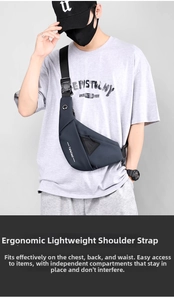 Close-up of waterproof navy blue crossbody bag with adjustable strap and front logo print