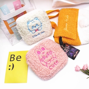 Cute Cartoon Plush Lamb Wool Sanitary Napkin Storage Bag Portable Menstrual Pouch Embroidered Animal Small Makeup Organizer