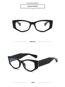 Cat eye glasses frames in black and white shown from front and side angles