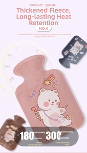 Close-up of pink plush hot water bottle with cute bear embroidery and duration details