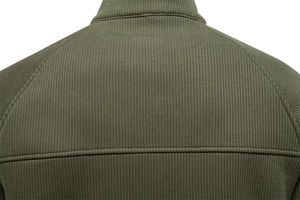 Detail shot of army green ribbed knit fabric showing collar stitching and material texture