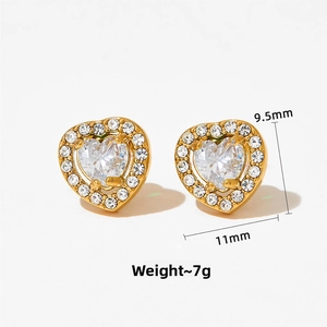Detailed view of heart stud earrings with dimensions 11mm x 9.5mm and weight info