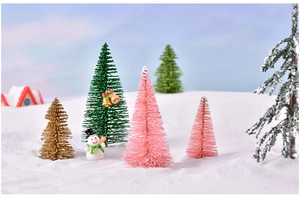 Miniature sisal Christmas trees and snowman model for festive snow scene decoration