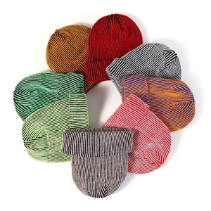 Winter striped knit beanie hats in multiple colors with cuffed design for men and women