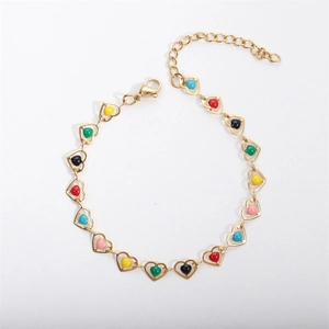 18k gold plated heart bracelet featuring colorful drip oil enamel heart links with clasp