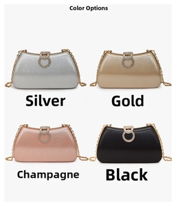 Glitter evening clutches in silver, gold, champagne, and black with rhinestone buckles