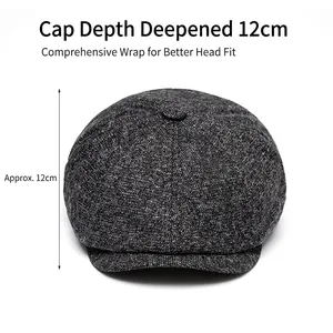 Dark grey tweed newsboy cap for men featuring a warm fleece lining and 12cm deep crown design