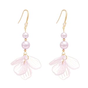 Elegant lavender petal tassel earrings with gold hooks and faux pearls for a vacation look