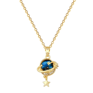 Elegant gold celestial necklace featuring a blue planet pendant with sparkling crystals
