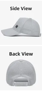 Detail view of the gray breathable mesh fabric and adjustable buckle on the baseball cap