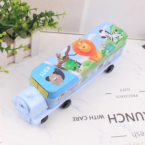Trousse bus bleue double couche avec taille-crayon et motifs d'animaux mignons