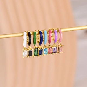 S925 silver gold-plated hoop earrings with colorful rectangle zircon and enamel accents