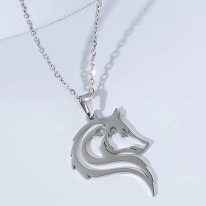 Cool hollow wolf head pendant necklace in polished stainless steel for men's fashion