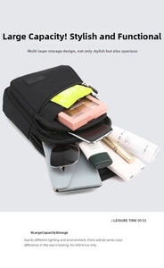 Macro shot showing large storage capacity of the black nylon sling bag with essentials