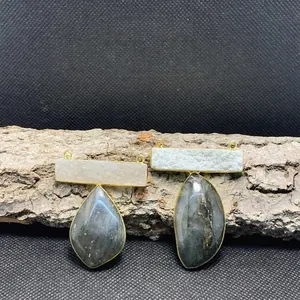 Pendente Geometrico Combinato Labradorite Druzy Agata Placcato Oro 14K Pietra Naturale Cristallo Di Guarigione