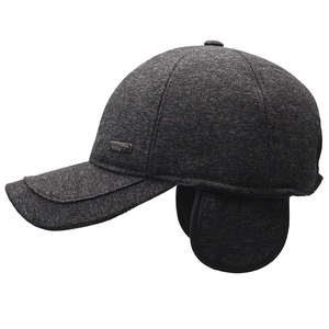 Winter baseball cap for men with ear flaps in thick charcoal gray knit fabric