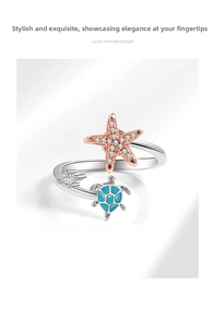 Detail of adjustable ring featuring a rose gold starfish and a blue enamel sea turtle