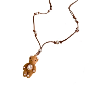 Cute teddy bear pendant necklace with brown flocking, rhinestone and beaded cord