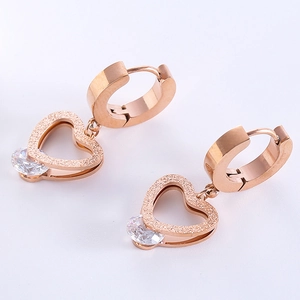 Heart Dangle Earrings 316L Stainless Steel With Cubic Zirconia Frosted Texture Huggie Hoop Style Jewelry For Women
