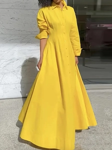 Elegant Yellow Long Sleeve Shirt Maxi Dress Button Down High Waist Solid Color Casual Swing Hem For Women