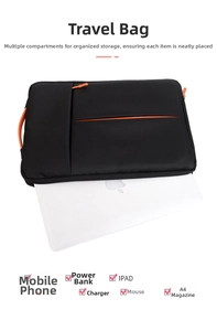 Detail view of black laptop sleeve with orange zippers showing organized storage compartments