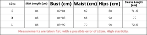 Detailed size chart for the bodycon shirt dress including length, bust, and hip measurements