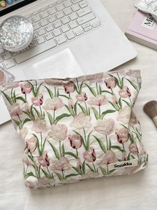 Trousse De Maquillage Imprimé Tulipe Rose Grande Capacité Tissu Jacquard Fermeture Éclair Pochette Cosmétique Femme Voyage