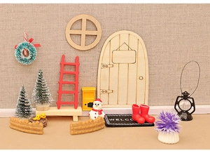 Miniature Christmas dollhouse set with wooden door, red ladder and festive accessories