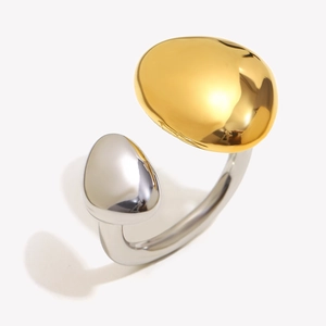 Minimalist 18K gold plated asymmetric open ring with polished silver and gold organic shapes
