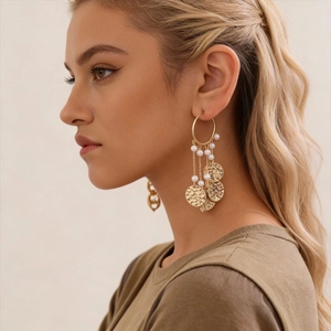 Bohemian gold tassel drop earrings with faux pearls and textured metal discs