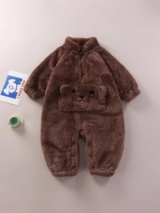 Plush brown baby romper featuring cute bear embroidery and 3D ears for winter warmth