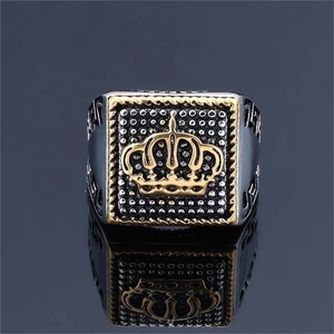 Men's vintage stainless steel square ring featuring a gold crown relief on silver band