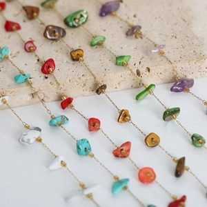 Minimalist handmade beaded necklace with colorful natural tiger eye stones on gold chain