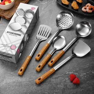 Stainless steel kitchen utensil set with wood grain handles and branded gift box